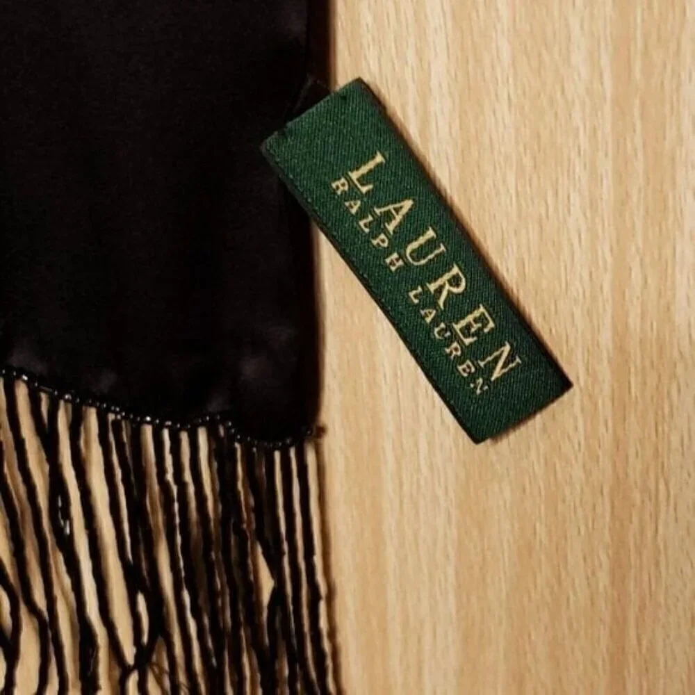 Lauren Ralph Lauren Womens Black Silk Scarf Beaded Trim